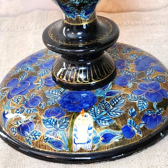 Hand Painted Blue & Gold Floral with White Bird Wooden Candlestick Holder 7.75" - Picture 7 of 10